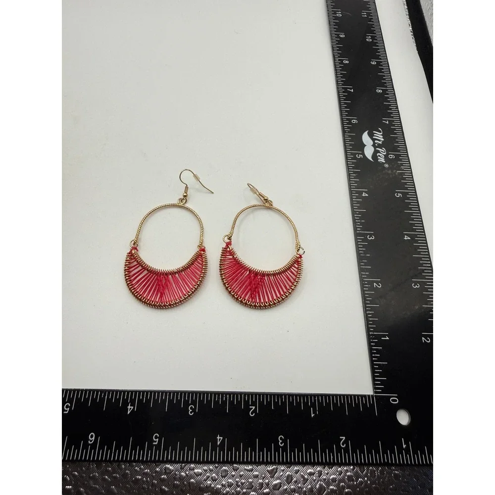 Gold‎ Tone Red Thread Wrapped Hoop Earrings Boho Crescent Drop Dangle Fishhook